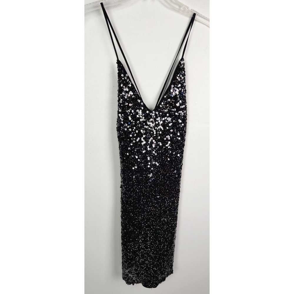 Aakaa Women's Sz. L Black Short Sequin V Neck Strappy Back Mini Dress